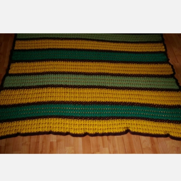 Striped Crochet Afghan Blanket Throw Green Yellow - Picture 4 of 6